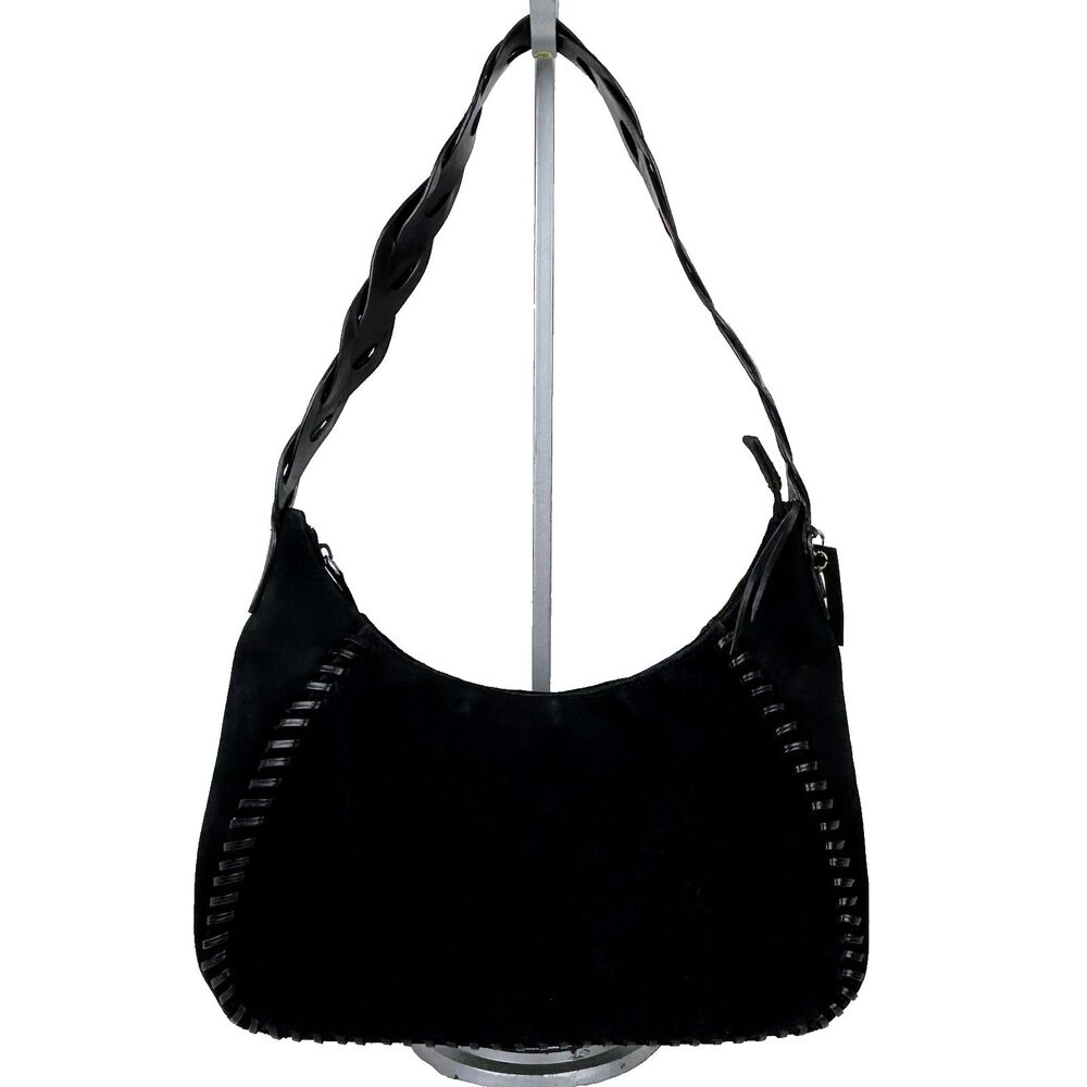 Naturalizer Vintage Y2K Black Suede Shoulder Bag Baguette Braided Whipstitch